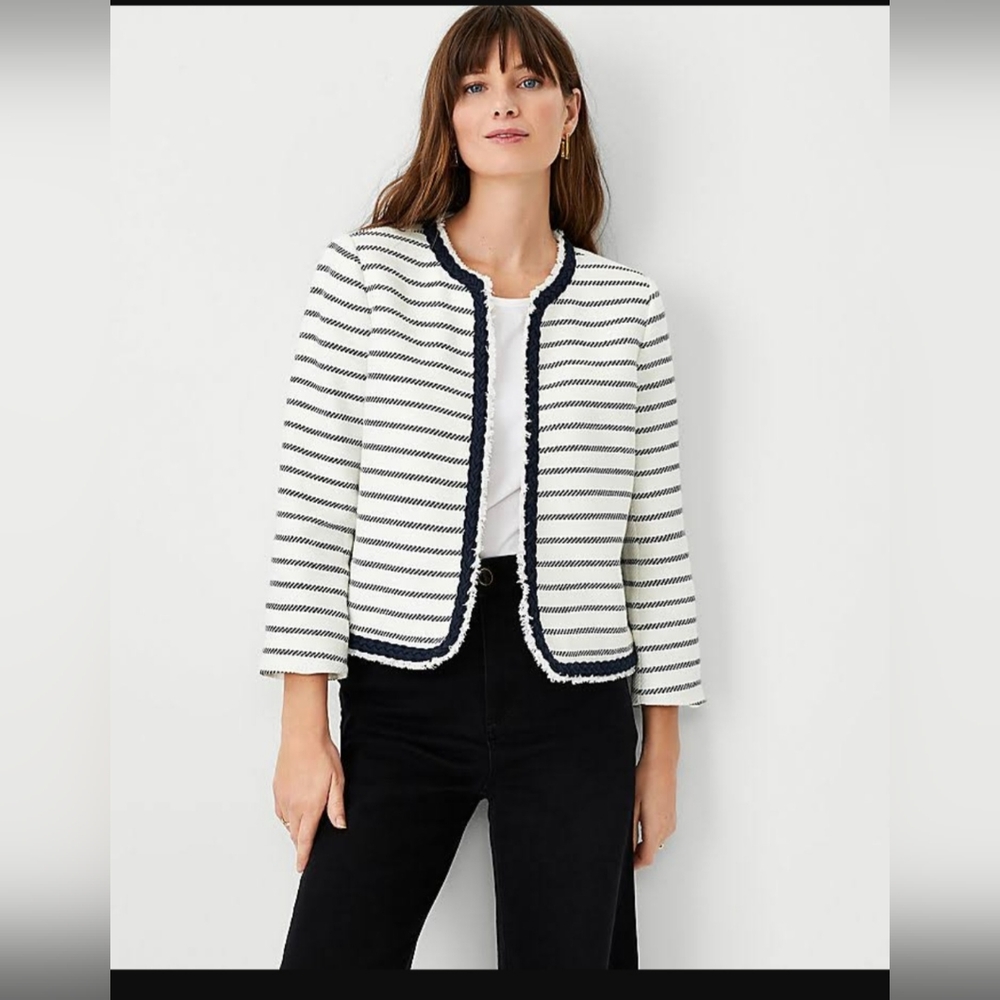 Ann Taylor Nautical Navy & White Stripe Boucle Blazer Jacket...size 2P